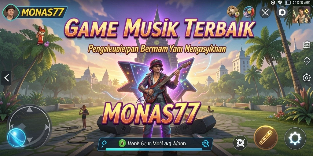 Screenshot utama MONAS77 menampilkan gameplay interaktif dengan musik yang mengasyikkan.