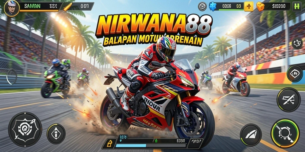 Tampilan gameplay seru NIRWANA88 dengan balapan motor mendebarkan.