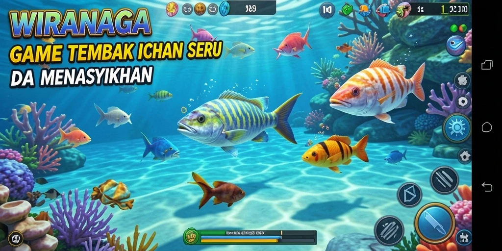 Screenshot gameplay WIRANAGA menampilkan aksi tembak ikan yang seru.